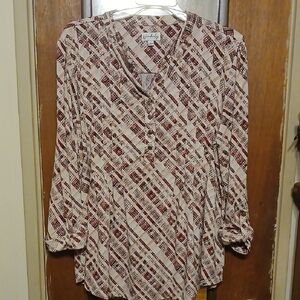 Waverly Burgundy and Cream Geometric Blouse, Large, Like New